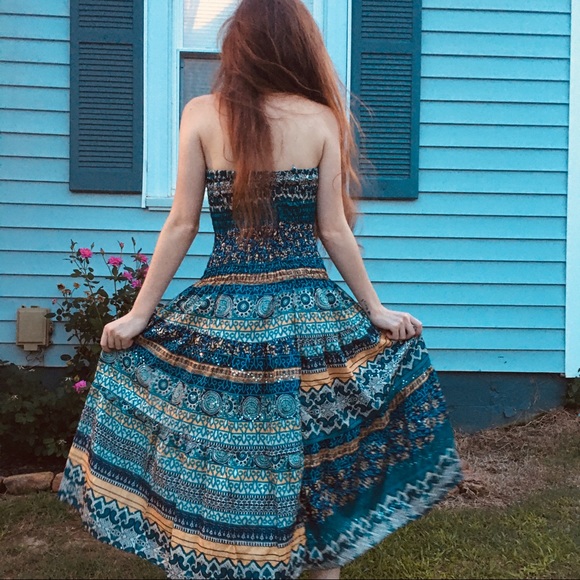 Blue Boho Dress Sz Small - Picture 1 of 5